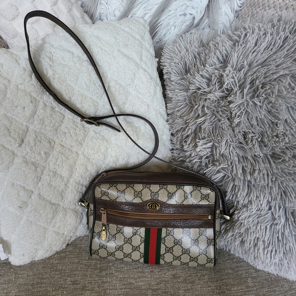 Gucci Handbags - Gucci "GG" Supreme Sherry Web Camera Brown Leather Coated Canvas Cross Body